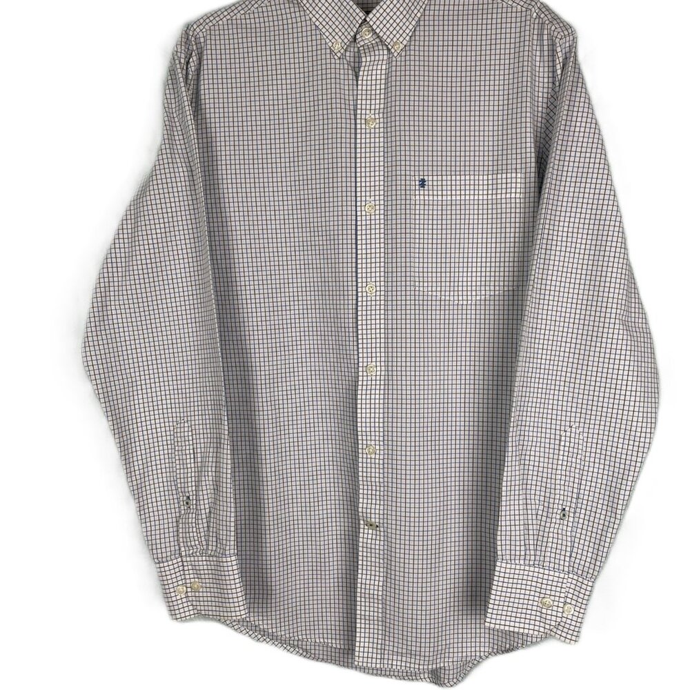 Izod Men’s Button-Down Shirt Size S/P Long Sleeve Blue Brown Check on White